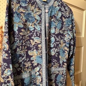 Appleseed's Quilted Floral Utility Jacket in Navy, Light Blue & Cream